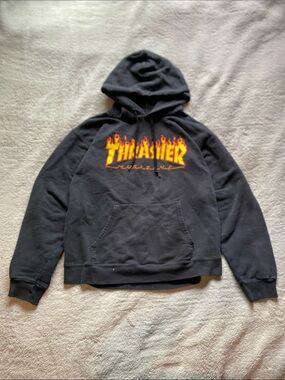 Thrasher Black Pullover Hoodie with Flame Logo